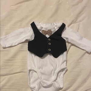 H&M White Onesie with Black Vest and Tan Bow Tie